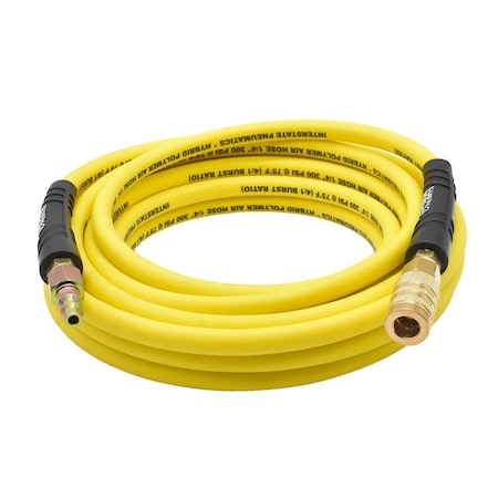 Interstate Pneumatics 1/4in 25 ft Yellow Hybrid Polymer Hose With 1/4in Brass Industrial 6-Ball Coupler & Steel Plug HH14-025H44BS